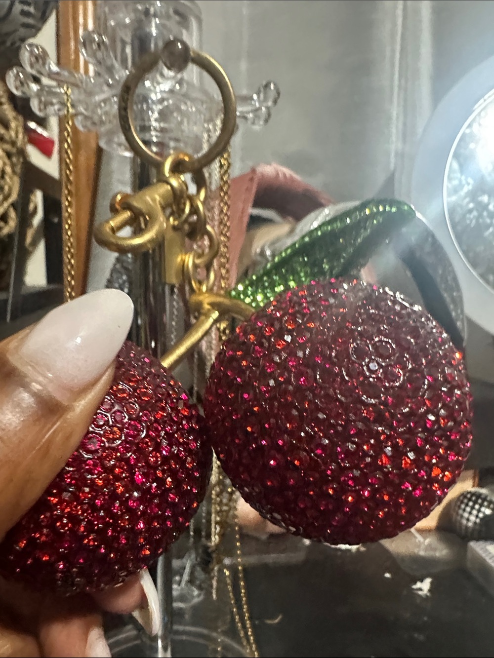 Coach Red Crystal Cherry Charm Keyring with Green Leaf - Picture 5 of 5